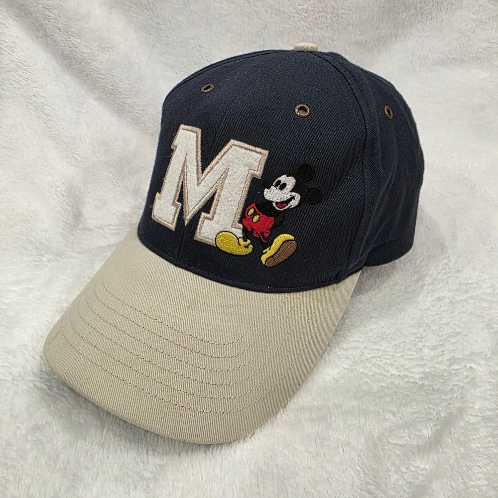 Vintage Walt Disney World Mickey Mouse Big M Baseball Hat Cap Navy Tan Strapback